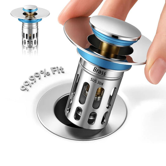 (All Metal) Bathroom Sink Stopper, Pop Up Drain Strainer for Bathroom Sink, Sink Plug Hair Catcher, Silent Popper Core w/Removable Filter Basket,Fit 1.05~2.0''Basin (Chrome, 1 Pack)