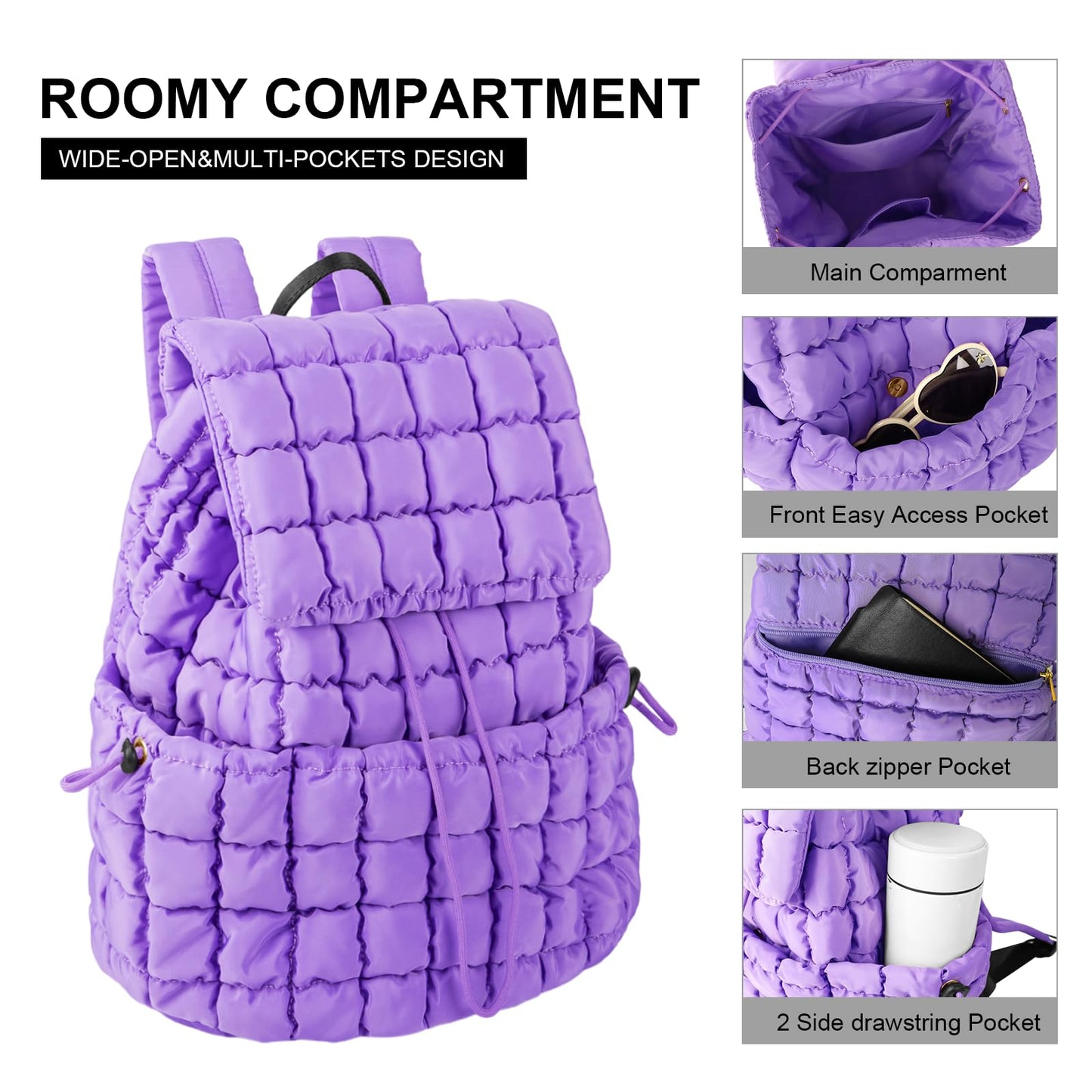 XSUIOY Quilted Backpack Purse for Women Small Lightweight Puffer Puffy College Laptop Backpack Nylon Casual Bookbag Daypack Top Flap Drawstring Padding Hiker Travel Gym Backpack(Purple)