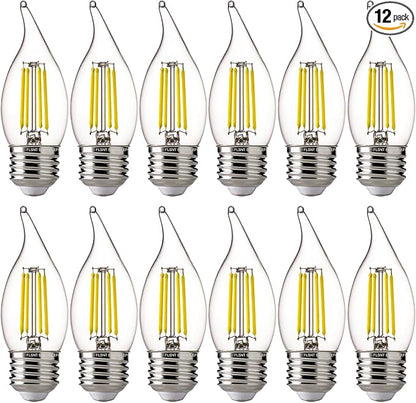 FLSNT LED Chandelier Edison Bulbs 5000K Daylight, 60W Equivalent, Dimmable CA11 E26 Base LED Candelabra Bulbs, 550LM, 12 Pack UL,CA65 Listed.