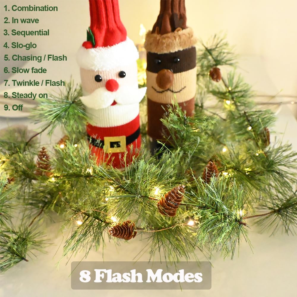 Pre-lit Christmas Garland with Lights 9.84 FT Smokey Pine Garlands 40 LED Fairy Lights Battery Operated with Timer Pine Cones Artificial Greenery Garland Wreath for Christmas Home Mantle Stairs Decor
