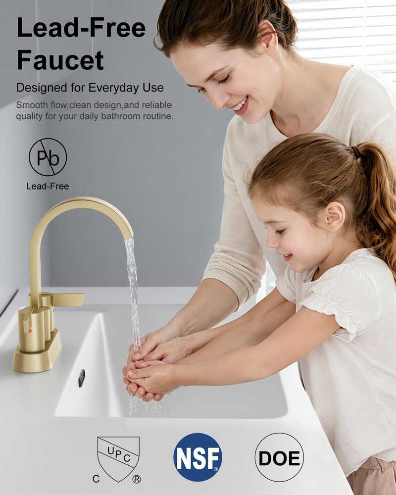 Aolemi Bathroom Sink Faucet, 4 Inch Centerset Waterfall Faucet for 2 or 3 Hole Vanity Sink, 2 Handle Vanity Faucet with Pop Up Drain and Supply Lines, Brushed Gold