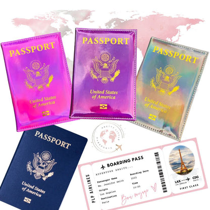 Pretty Little Passports Chrome Holographic Iridescent USA Passport Holder Cover Wallet - Unisex Adults - Faux Leather - RFID Protected - Pink & Gold