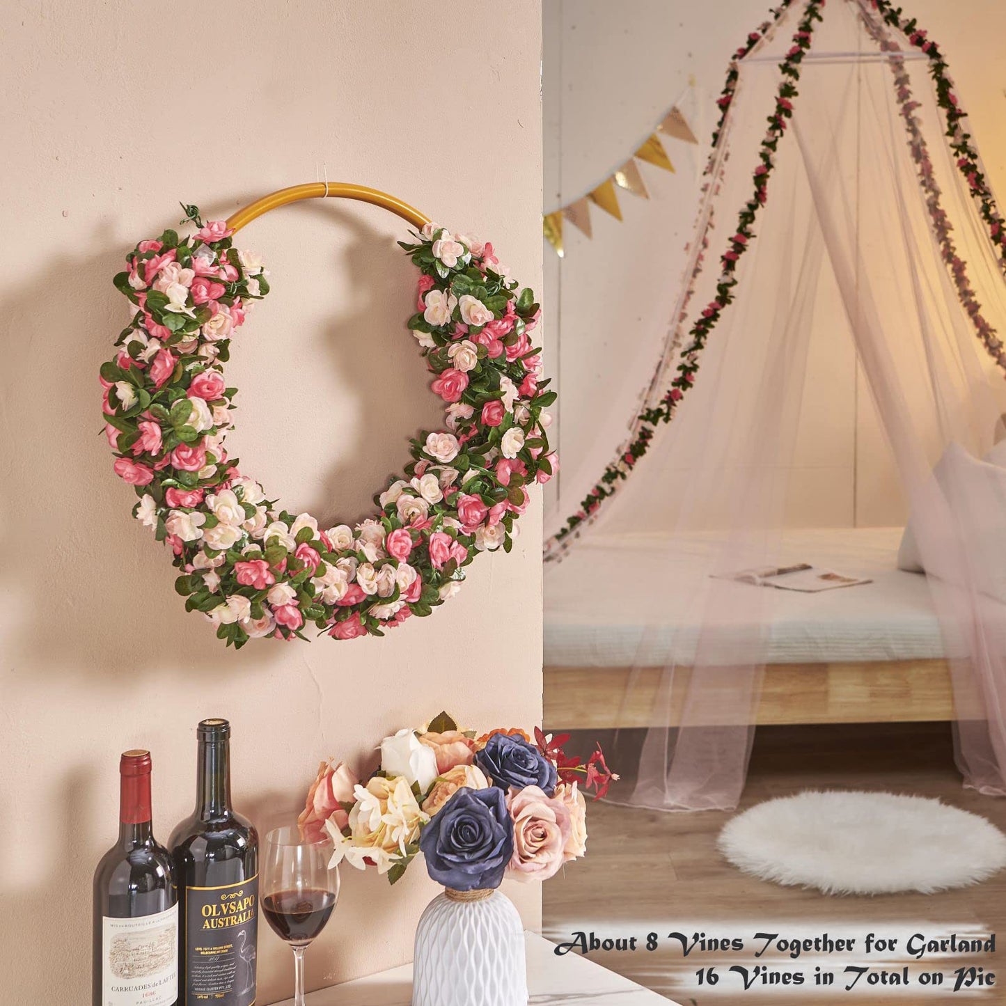 PONKING Flower Garland 8 Pcs x 8.2 ft Artificial Rose Vine Flowers with Green Leaves Hanging Fake Roses Vine for Room Party Home Wedding Birthday Christmas Wall Arch Decor, Spring Pink Flower