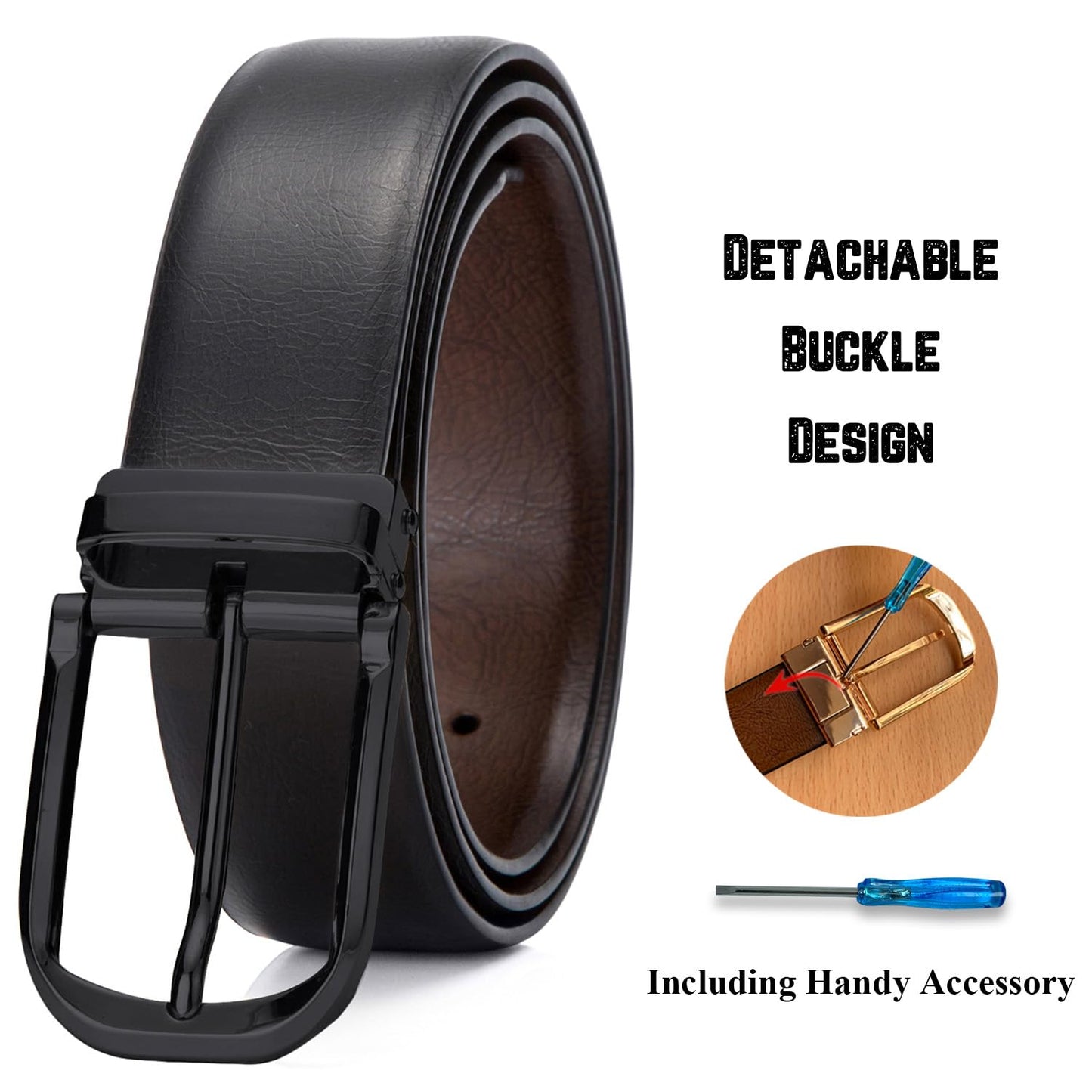 Ousenweiya Mens Belts Leather Reversible 1.25" Black Dress Belt for Men (Black Buckle Belt, Fits Waist 30"-38")