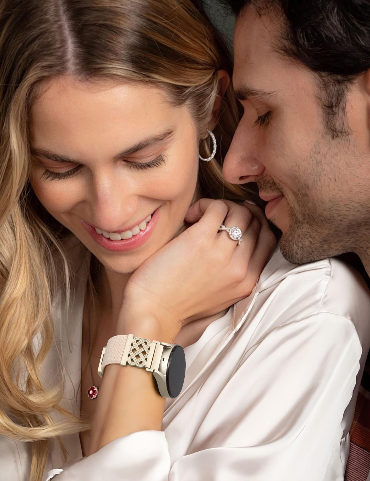 Minyee Magnetic Stretchy Band Compatible with Samsung Galaxy Watch 7/6/5/4/FE/Active 2 40mm 44mm/Watch 6 Classic 43mm 47mm/5 Pro 45mm Women, Celtic Knot Soft Elastic Nylon Fabric Strap,Champagne Gold