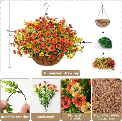 Artificial Faux Hanging Plants Flowers Basket for Fall Outdoor Decoration, Fake Silk Daisy in Planter Realistic UV Resistant Look Real for Porch Home Patio Balcony Yard(Red Orange Yellow)