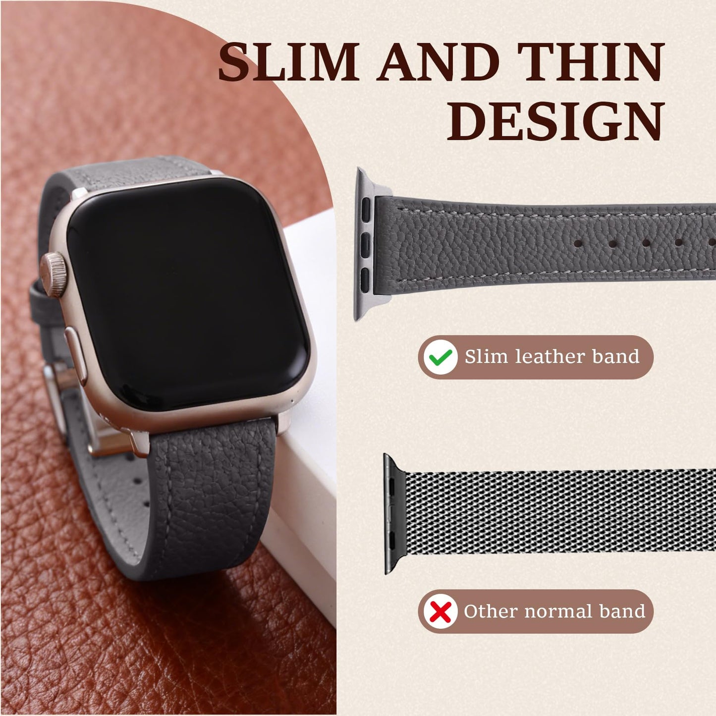 Thin Slim Soft Goatskin Women Leather Watch Bands for Apple Watch 38mm 40mm 41mm 42mm, Small Wrist Watch Band Lightweight Elegant Replacement Straps Compatible with iWatch SE 11 10 9 8 7 6 5 4 3 2 1