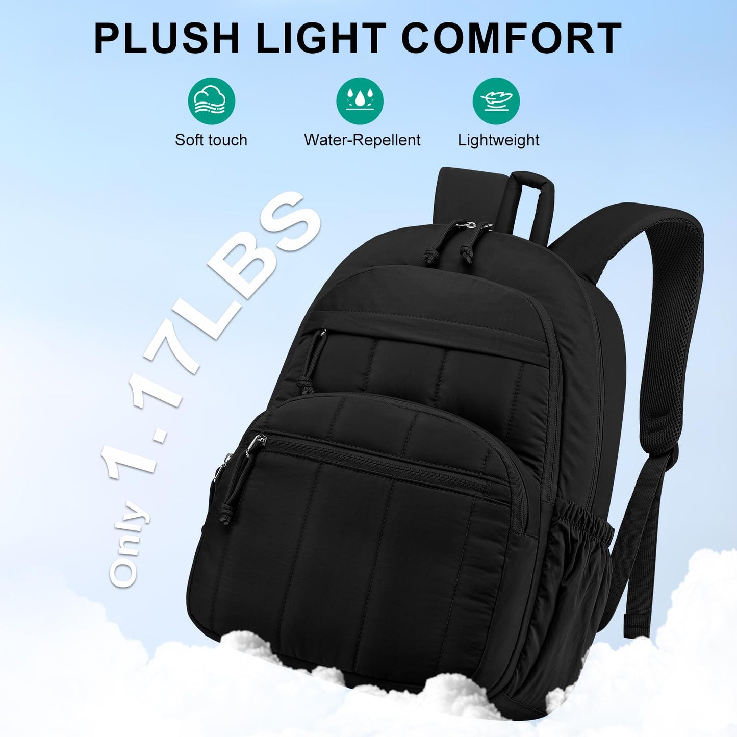 LIVUWERK Travel Laptop Backpack for Women Bookbag: Quilted 15.6 Inch College Back Pack Lightweight Casual Bag Water Resistant Daypack for Students Girls Business Computer Back Pack for Work Black