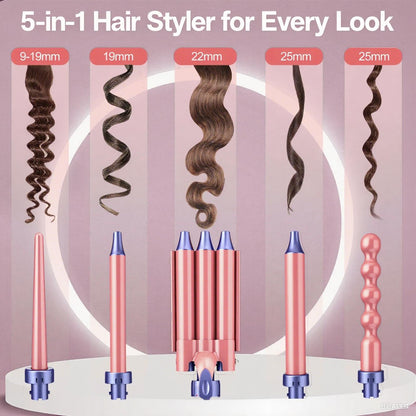 Brightup Curling Iron Wand Set, 5 in 1 Hair Curler with 3 Barrel Crimper, Fast Heat Up Curling Wand for All Hair Types with LCD Display, Gifts for Women