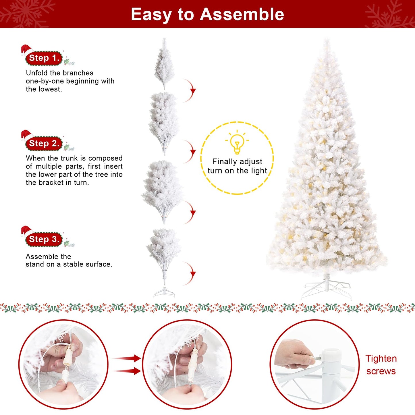 Glitzhome 10ft Pre-Lit Slim Artificial Christmas Tree, Aspen Frostfall Pine Hinged Holiday Xmas Tree with Foldable Metal Stand, 800 Warm White Lights, Ideal for Home, Office, Party Decoration
