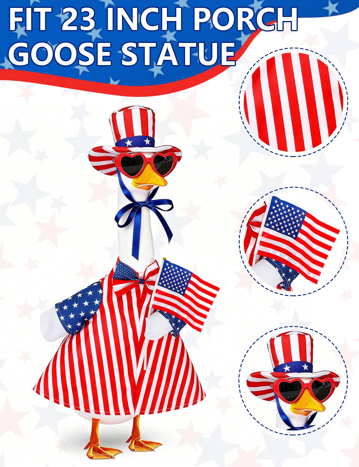bomis 4th of July Patriotic Porch Goose Outfits for 23 Inch Lawn Statue – Independence Day Goose Costume with Red Heart Sunglasses, Star Stripe Hat, Handheld American Flag, US 250th Anniversary Decor