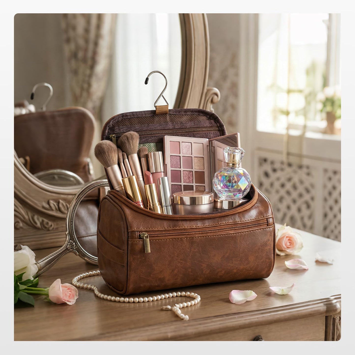 BAGZY Travel Toiletry Bag for Men, Hanging Hygiene Bag EDC Pouches Small Dopp Kit Water-resistant Mens Shaving Kit Bags PU Leather Toiletry Organizer for Travel Weekend Fitness Hospital Brown