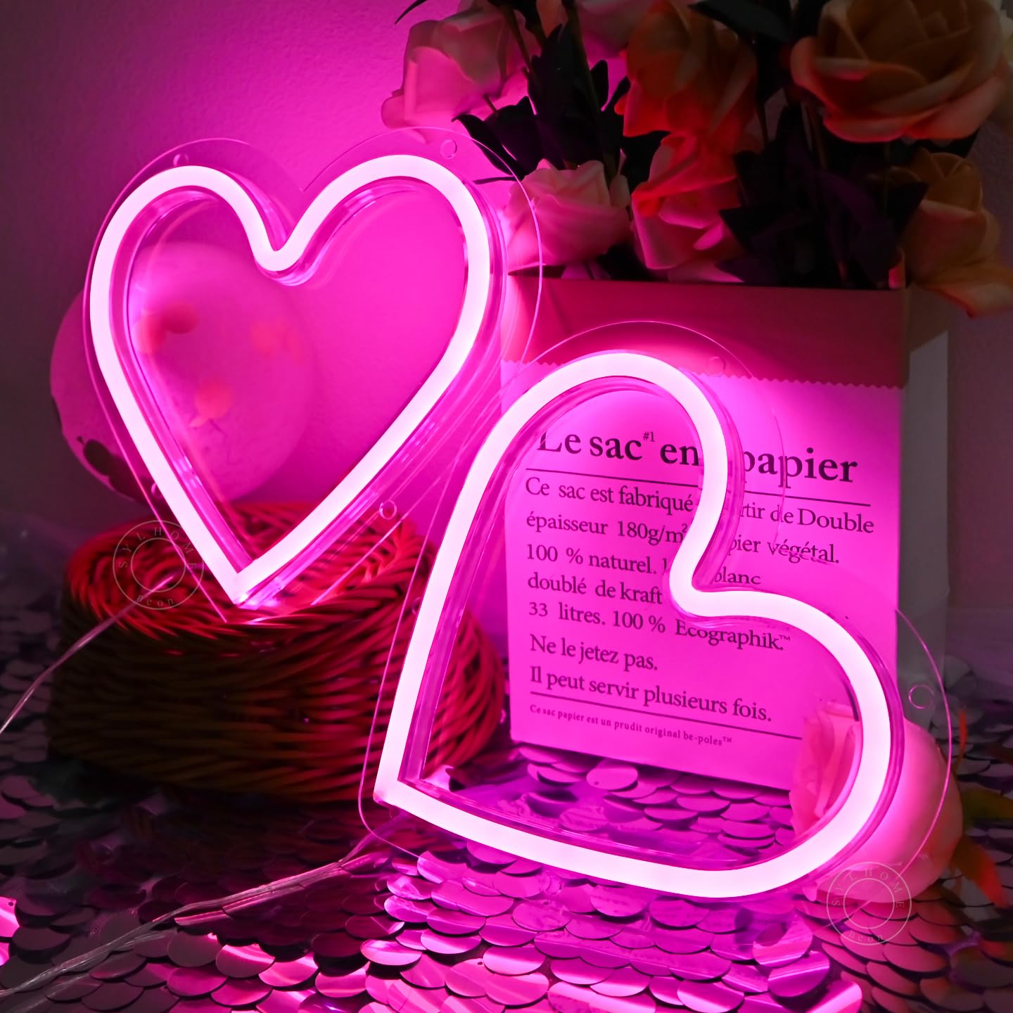 SYLHOME 2 Pack Heart Pink Led Neon Light Sign Battery Operated or USB Powered Bedroom Wedding Wall Sign Decor Valentines Day Birthday Christmas Gifts USB 7.87" X 7.28"
