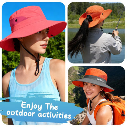 ZOORON 1 Pack Women's Ponytail Safari Sun Hat,Wide Brim UV Protection Outdoor Bucket Hat,Foldable Beach Summer Fishing Hat