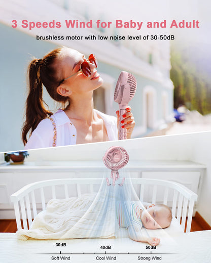 Coohea Stroller Fan Clip on for Baby, 4000mAh Rechargeable Battery Operated, Flexible Tripod, 3 Wind Speed, 360° Rotatable, Small Portable Fan for Car Seat Crib Backseat Beach Travel Camping, Pink