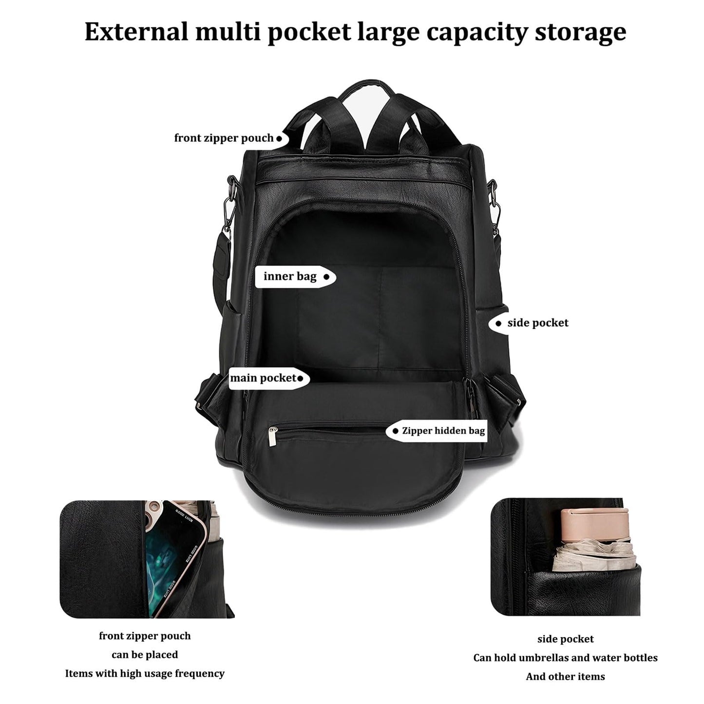 LY&SQ Women Anti-theft Backpack Purse, PU Leather Travel Rucksack Fashion Multipurpose Handbag Ladies Daily Work Shoulder Bags(Black)