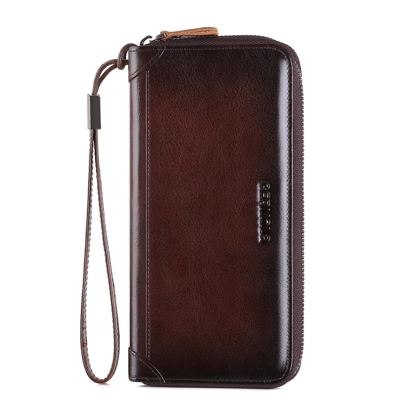 Men's Genuine Leather Zipper Wallet with RFID Blocking, Phone Pocket，Long Zipper Pouch Wallet (Coffee)