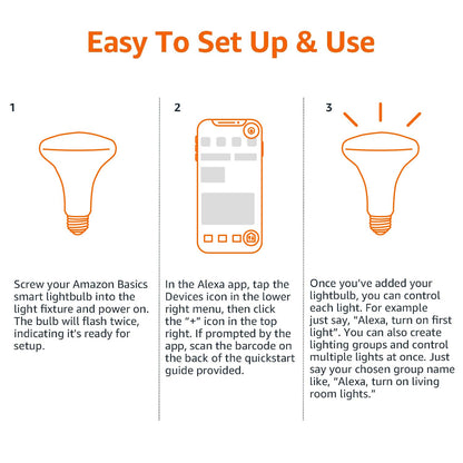 Amazon Basics Smart BR30 LED Light Bulb, Dimmable Soft White (2700K), 9W (60W Equivalent), 800LM, Works with Alexa Only, 2.4 GHz Wi-Fi, No Hub Required, 4 Pack