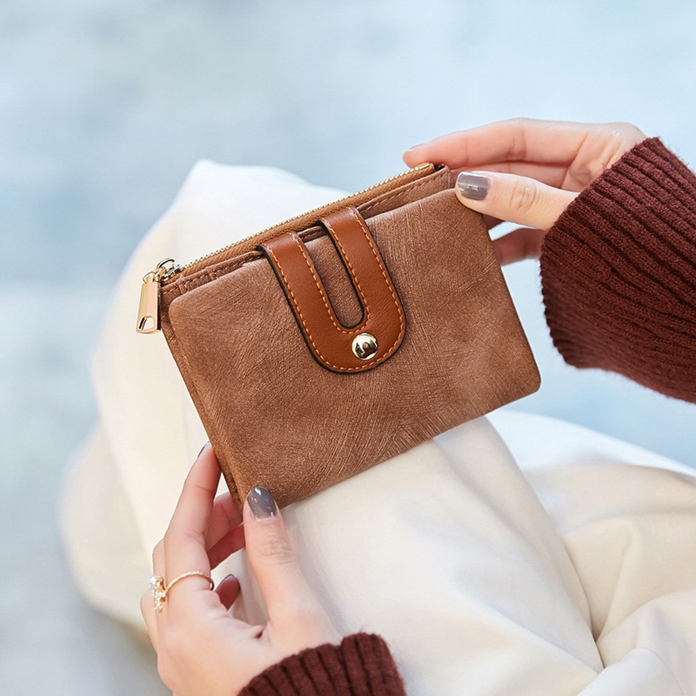 AOXONEL Women's Rfid Small Bifold Leather Wallet Ladies Mini Zipper Coin Purse id card Pocket,Slim Compact Thin (Brown)