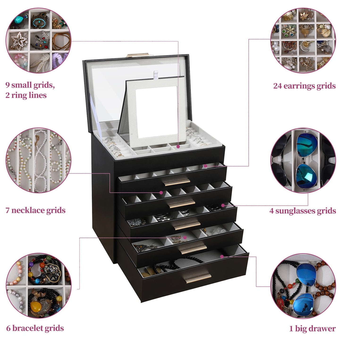 BOOVO Jewelry Boxes for Women, White and Black 6 Layer Large Jewelry Box for Necklace, Bracelet, Earrings, Rings Storage, Jewelry holder Organizer for Girls Gift (Clear Black, 6 layer)