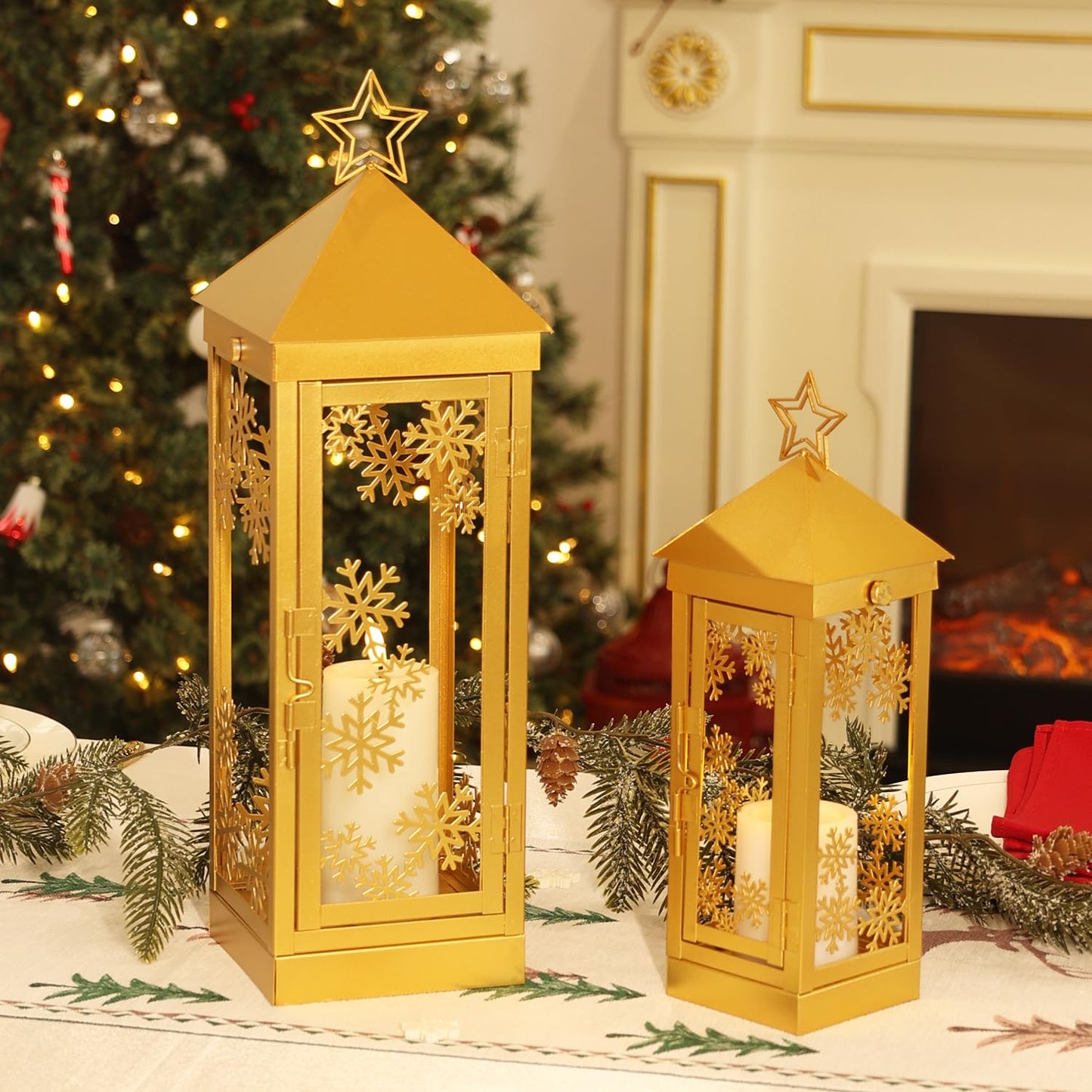 NEEDOMO Christmas Decorations Outdoor&Indoor, 17''/12'' Metal Candle Lantern Decor,Christmas Lanterns with Snowflakes Stars and LED Candle for Home Porch Patio Table Centerpieces, Xmas,No Glass
