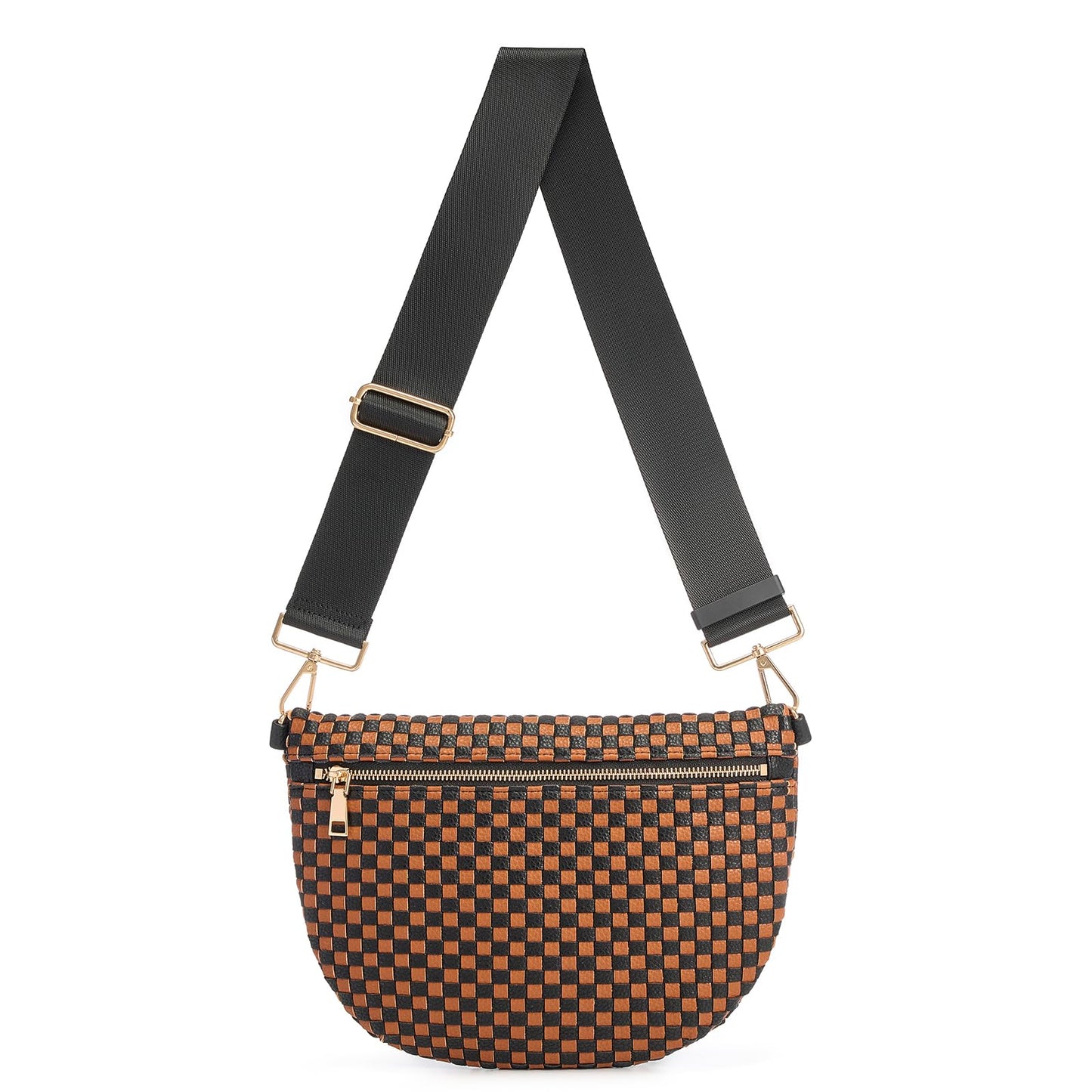 Woven Crossbody Bags For Women, Checkered Fashion PU Bum Bag Waist Pack, Travel Sling Purse with Adjustable Strap（Black and Brown)