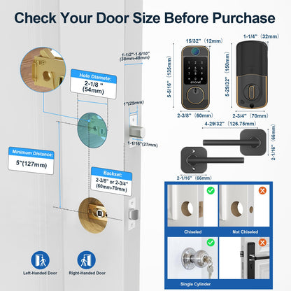 Keyless Door Lock with Handle Set - SMONET WiFi Fingerprint Smart Locks for Front Door, App Remote Control, Digital Bluetooth Keypad Deadbolt Set with Alexa, Auto Lock, Code, Fobs for Home Black