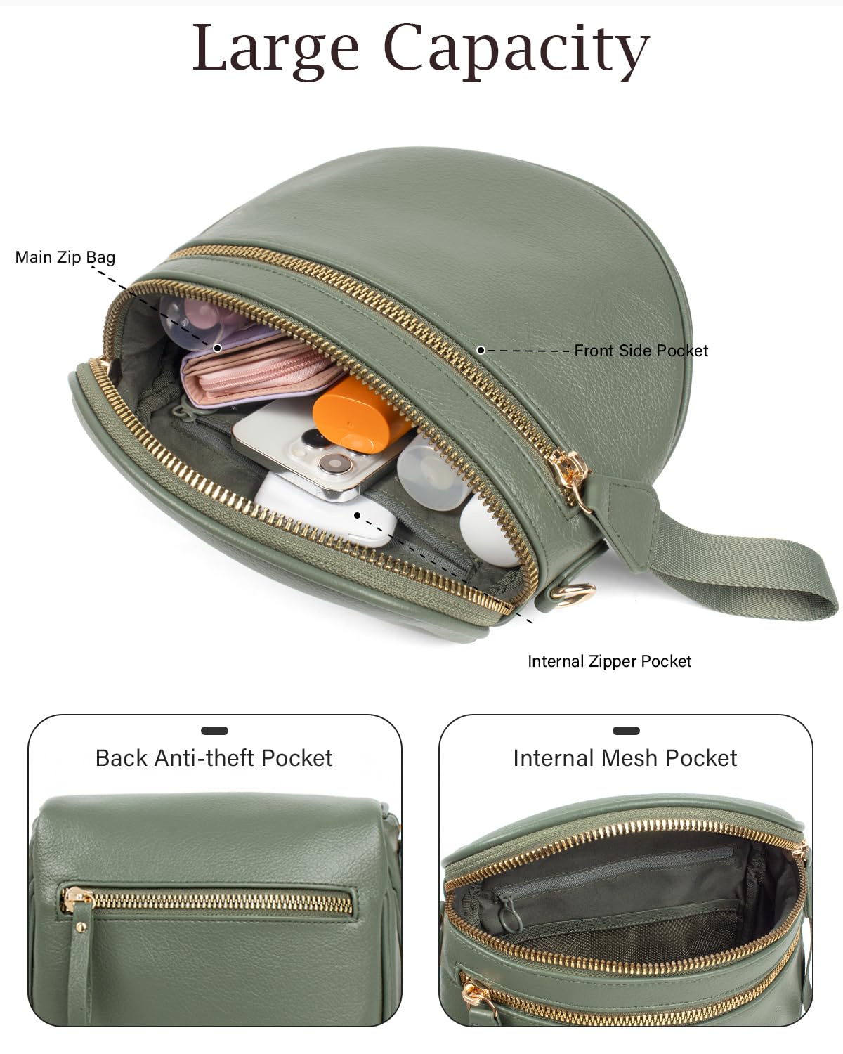 Valentoria Fashionable Womens Leather Waist Bag Crossbody Bag Detachable Wallet Adjustable Shoulder Strap (Bean Green)
