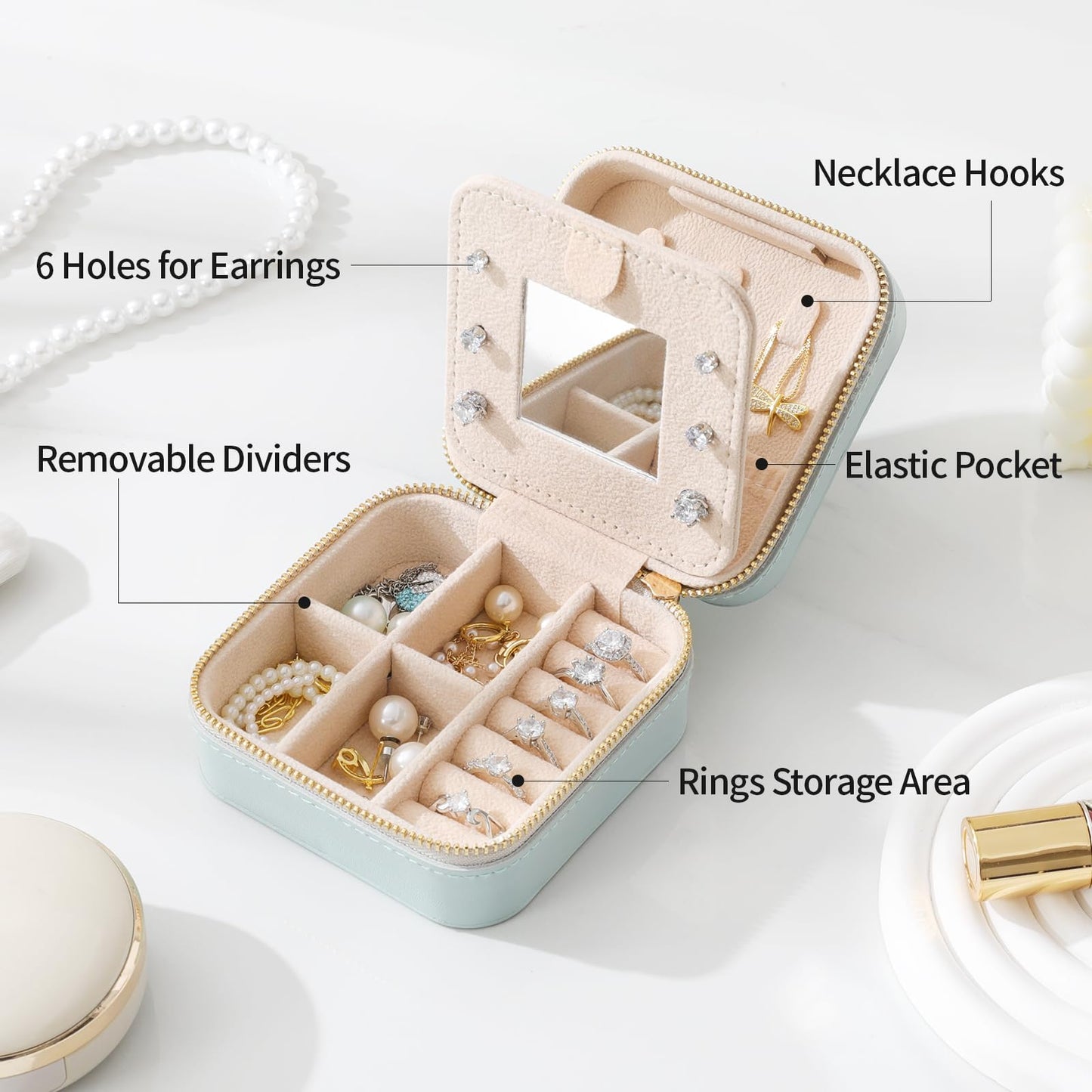 NGVRC Genuine Leather Travel Jewelry Case Organizer with Mirror for Women, Small Jewelry Box Portable Mini Jewelry Case for Earring, Ring, Necklace, Bracelet（Lychee Grain Black）