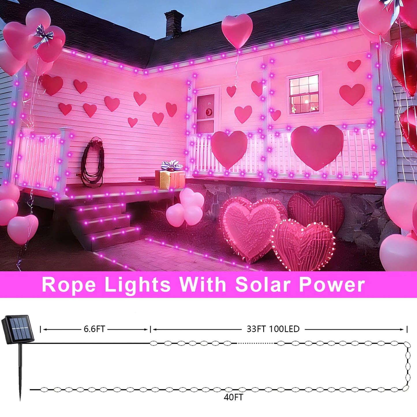 QITONG Pink Solar Rope Lights Outdoor, 2 Pack Each 33ft 100 LED String Light, 8 Modes Fairy Lights in Clear Thin Tube with 8 Modes