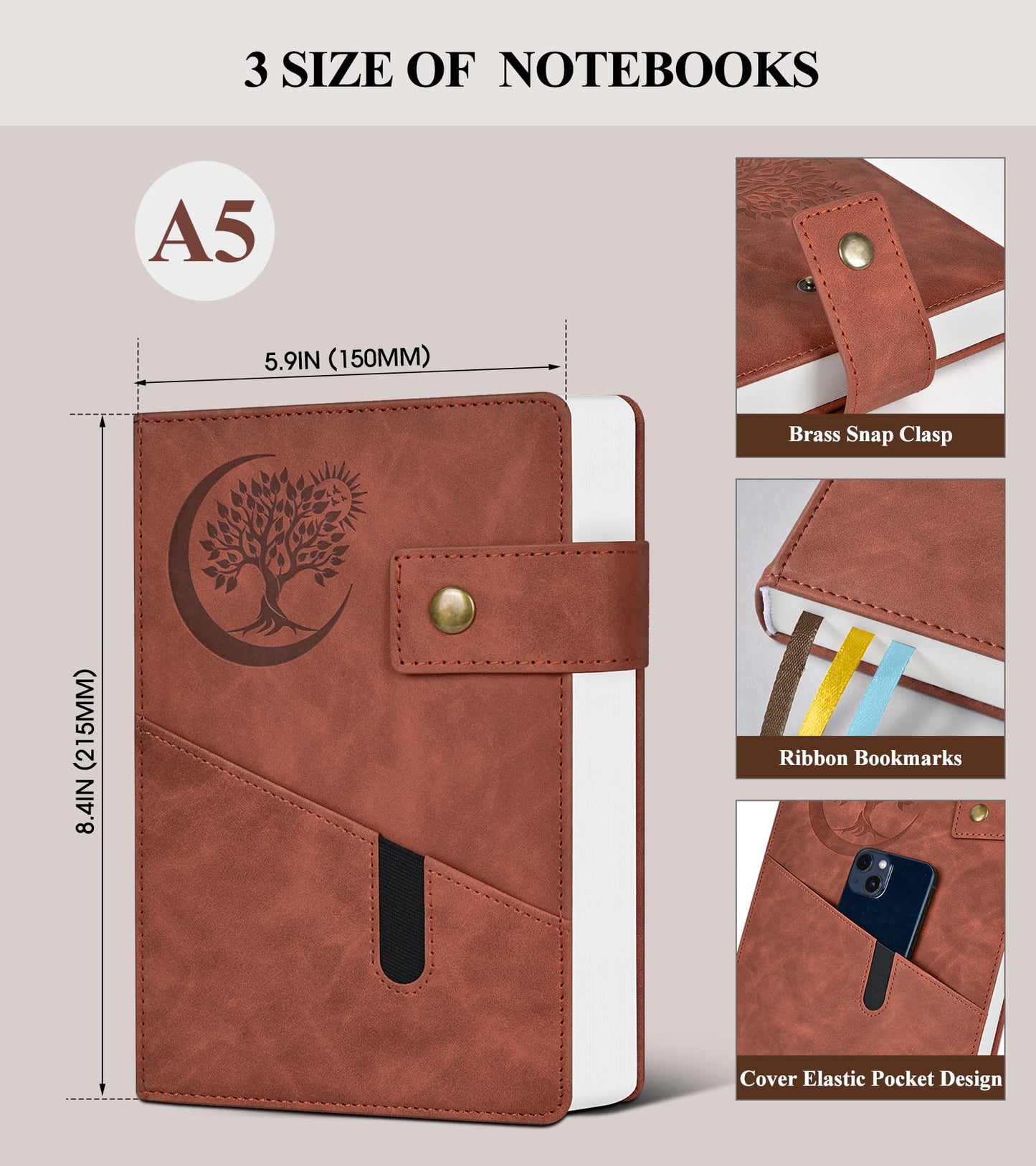 PAIBAS A5 Leather Lined Journal Notebook, 5.9"x8.4" 366 Pages 100GSM College Ruled Hardcover Diary with 3 Ribbon Bookmarks, Brass Snap & Front Pocket, Journals for Writing Work Travel Men Women