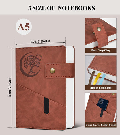 PAIBAS A5 Leather Lined Journal Notebook, 5.9"x8.4" 366 Pages 100GSM College Ruled Hardcover Diary with 3 Ribbon Bookmarks, Brass Snap & Front Pocket, Journals for Writing Work Travel Men Women