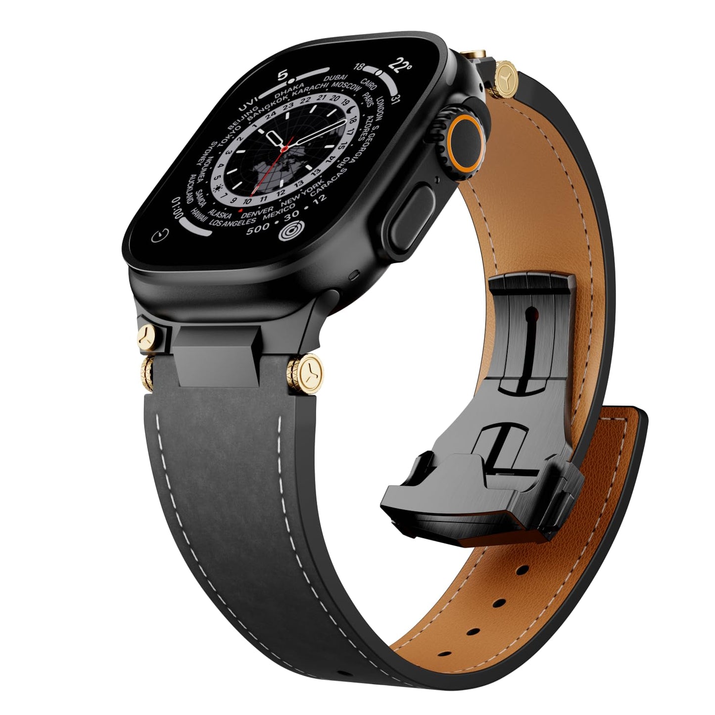 Unfettered Genuine Leather Band for Apple Watch Ultra 3/2, 49mm 46mm 45mm 44mm 42mm, Men's Vintage Full-Grain Replacement Black Strap with Folding Clasp & Metal Connector, Compatible with Series 11–1 SE