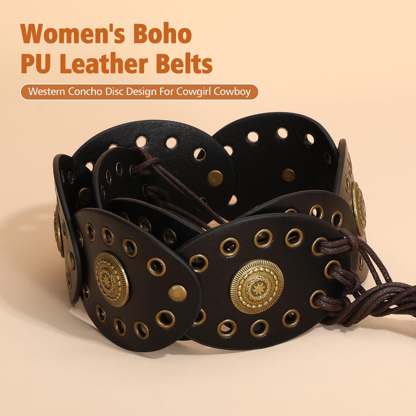 XZQTIVE Women's Boho Disc Belt Concho Western Cowgirl Cowboy Belt for Ladies Wide Vintage Leather Waist Belt for Dress