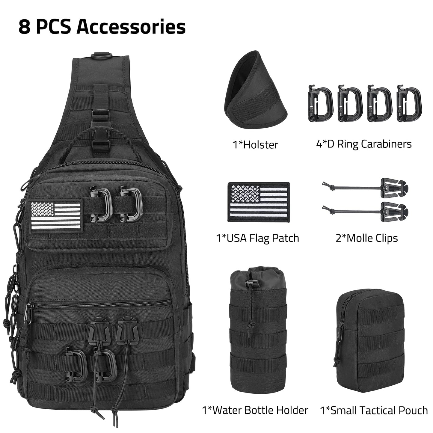 CVLIFE Tactical Sling Bag Backpack for Men Military Shoulder Sling Bag Molle Detachable Tactical Bag with Bottle Holder Hidden Pocket Daily Day Pack Work Bag for EDC Hiking, Black