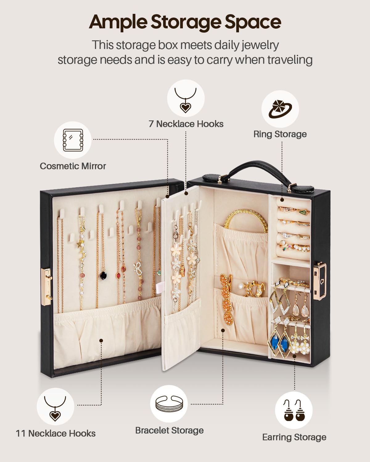 Enthralite Large Travel Jewelry Case: Portable Jewelry Box with Mirror - PU Leather Small Jewelry Organizer for Rings Earrings Necklaces Bracelets - Birthday Gift for Her - Jewelry Storage