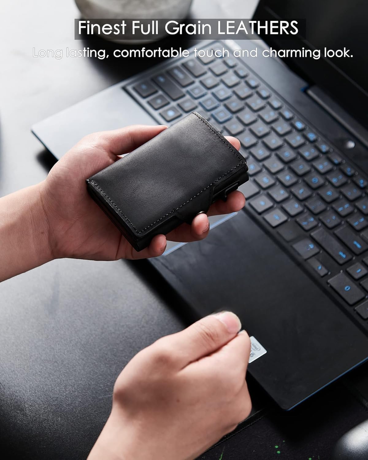 Plinvo Men's Slim Genuine Leather Wallet, RFID Protected with Airtag Holder and Minimalist Design (Black)