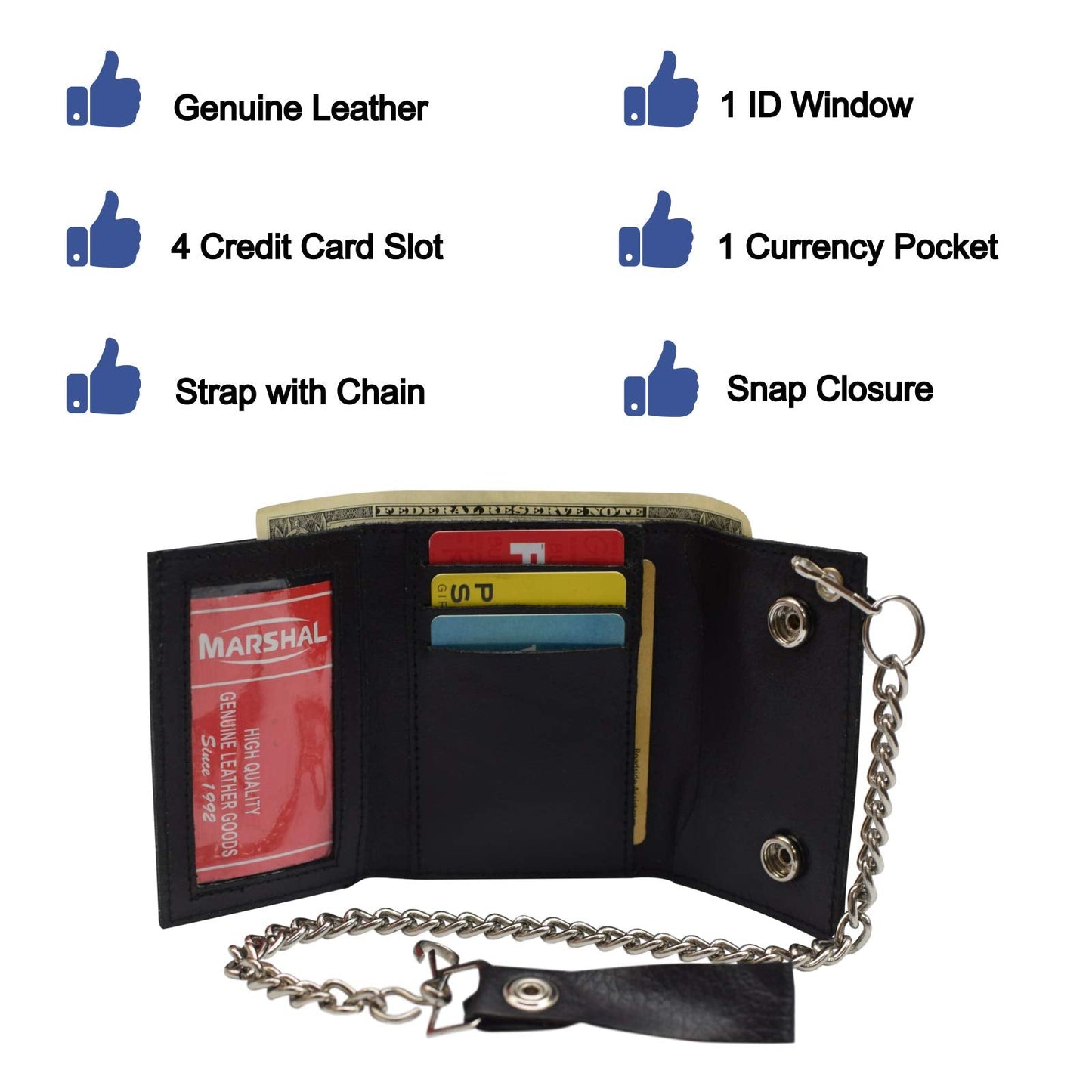 MARSHAL Men's Genuine Leather Black Trifold Wallet with Chain Biker Trucker Motorcycle (Eagle Black)
