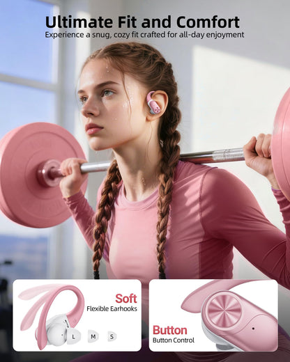 PocBuds Bluetooth Headphones Wireless Earbuds 80hrs Playtime Wireless Charging Case Digital Display Sport Ear Buds with Earhook Deep Bass IPX7 Waterproof Over-Ear Earphones for Phone Laptop Rose Gold