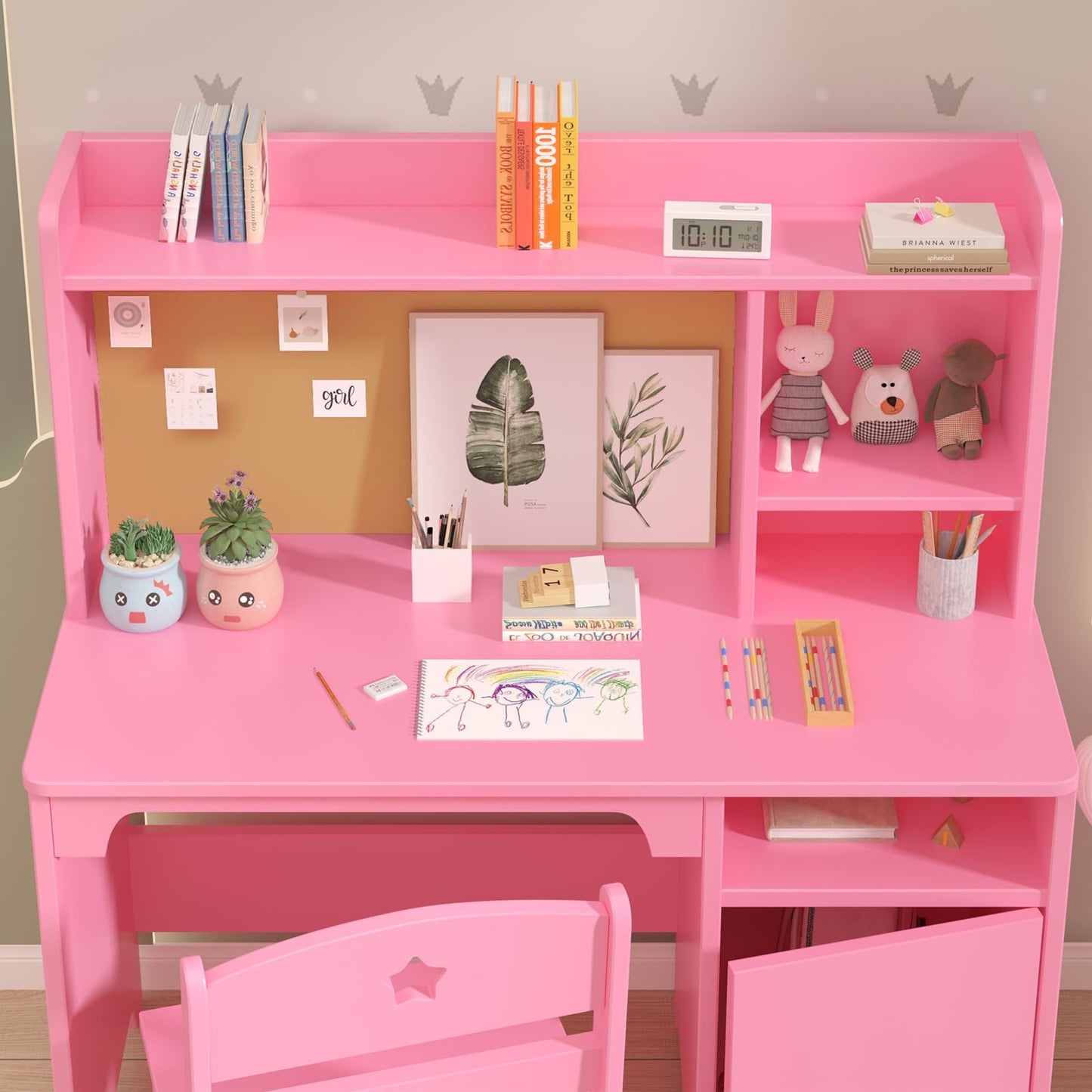GAOMON Kids Desk & Chair Set with Hutch, Wooden Writing Table with Storage Cabinet for Kids Bedroom, Study Room, Computer Workstation, Pink