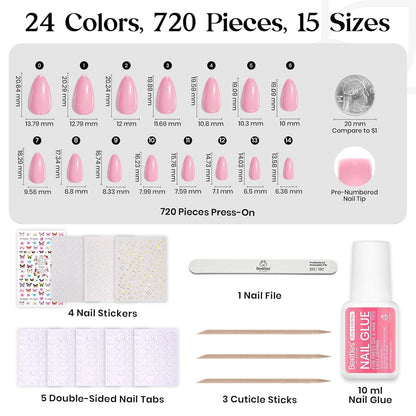 Beetles Press on Nails Kit 720Pcs 24 Colors, Press on Nails Short Almond Glossy Matte Glitter With Nail Glue & Nail Tabs Stickers, Natural Fit Lightweight Fake Nails Kit Art For Women Girls