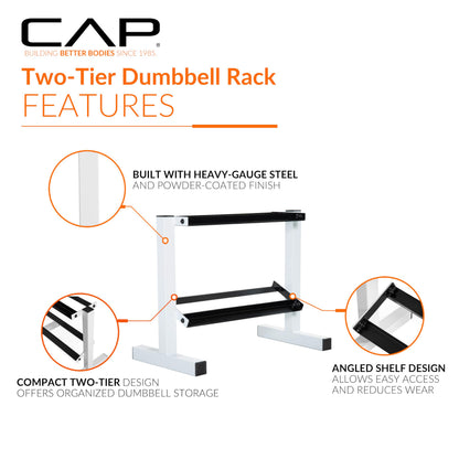 CAP White 24-Inch Dumbbell Storage Rack for Home Gym, 2-Tier Heavy-Duty Steel Weight Rack for Hex Dumbbells, Holds 5lb - 25lb Pairs