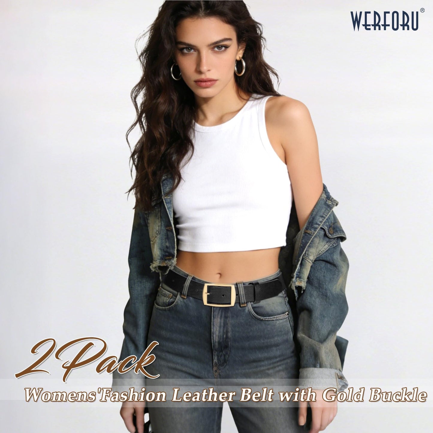WERFORU 2 Pack Women Leather Belts for Jeans Pants Fashion Leather Belts for Women Waistband with Gold Pin Buckle,A-Black+brown-gold buckle,S:Fit Waist Size 26"-30"