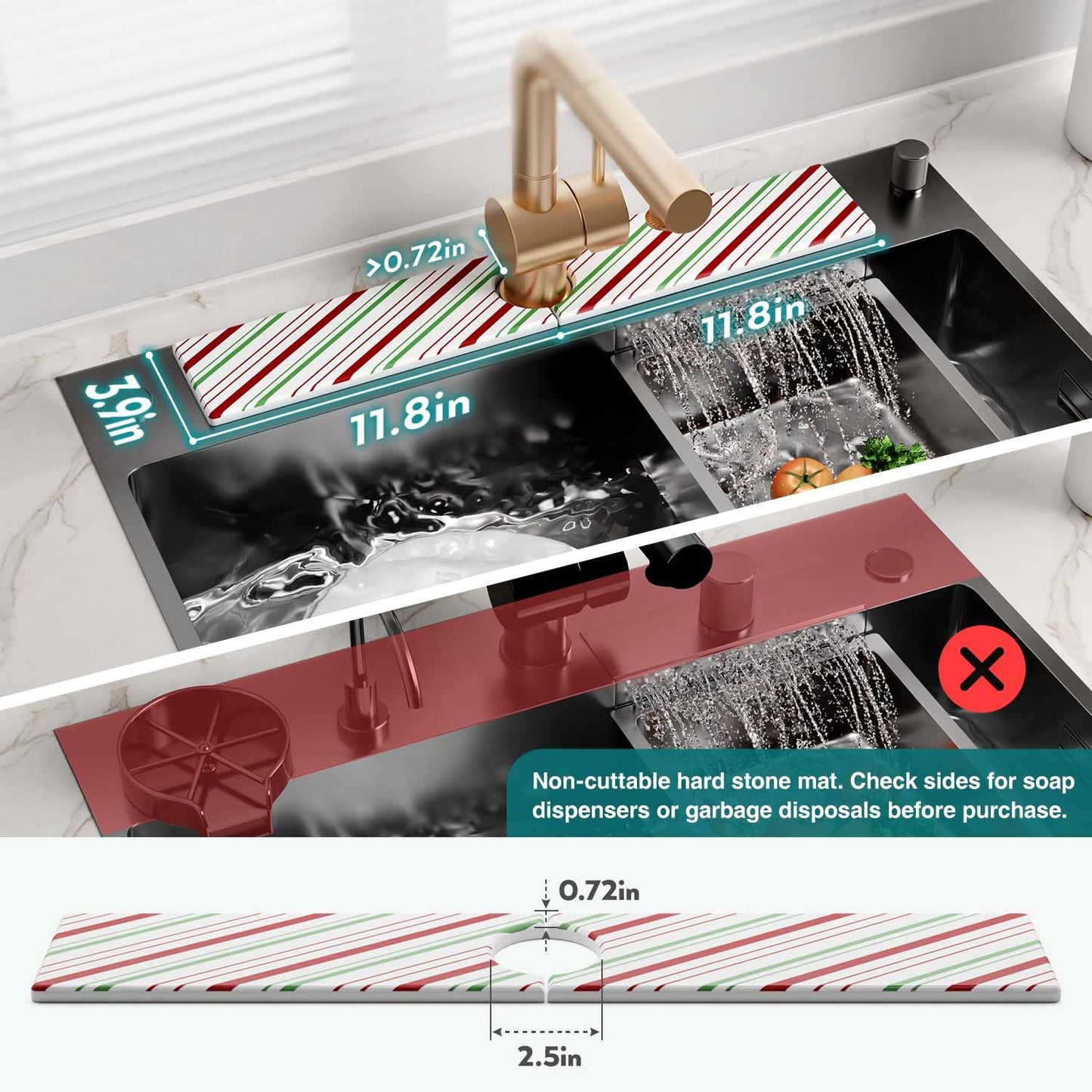 Stone Faucet Mat for Kitchen Sink, Diatomite Drying Stone Mat for Kitchen Counter, Prevent Moisture – Sink Splash Guard for Holiday Gift Home Decor (Red/Green, 23.6" x 3.9")