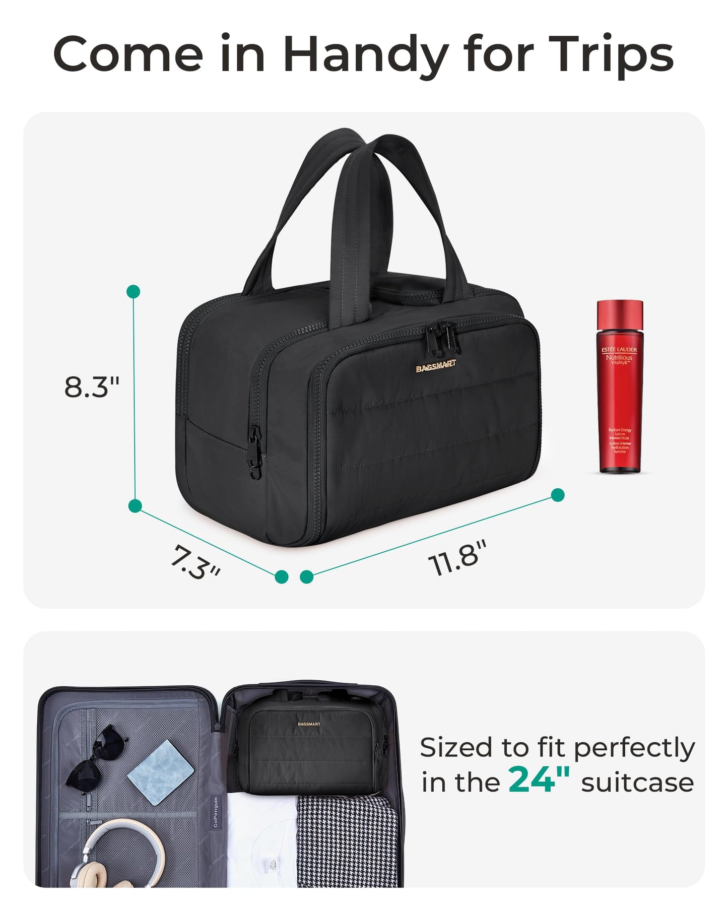 BAGSMART Travel Toiletry Bag, Lightweight Large Wide-open Travel Bag for Women, Puffy Cosmetic Makeup Bag Organizer with Handle for Accessories,Essentials, Toiletries, Black