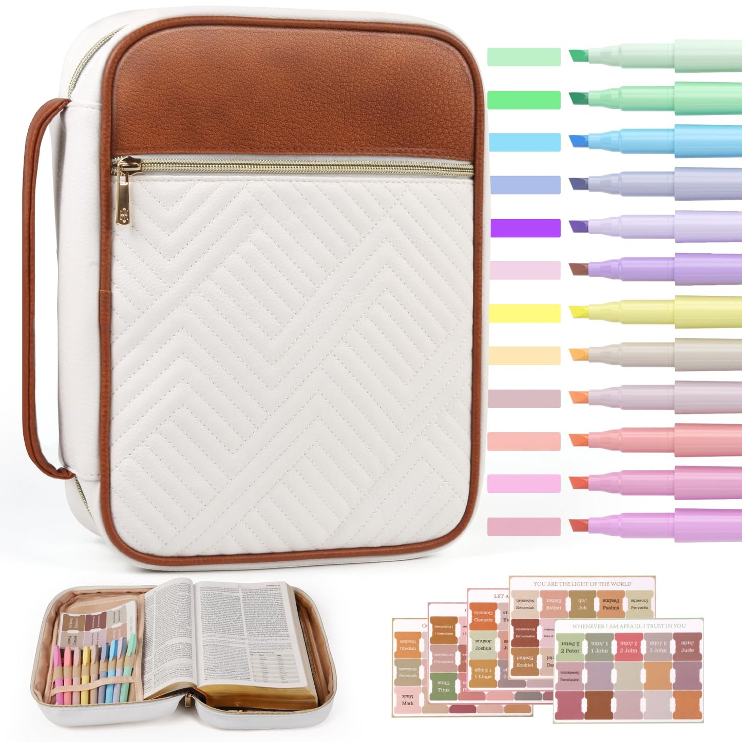 BellaHold Quilted Vegan Leather Bible Cover, Color-Blocked Bible Cover Case for Women, Bible Carrying Case with Handle, Bible Study Supplies & Christian Gift for Women and Girls (White & Brown, TS/S)
