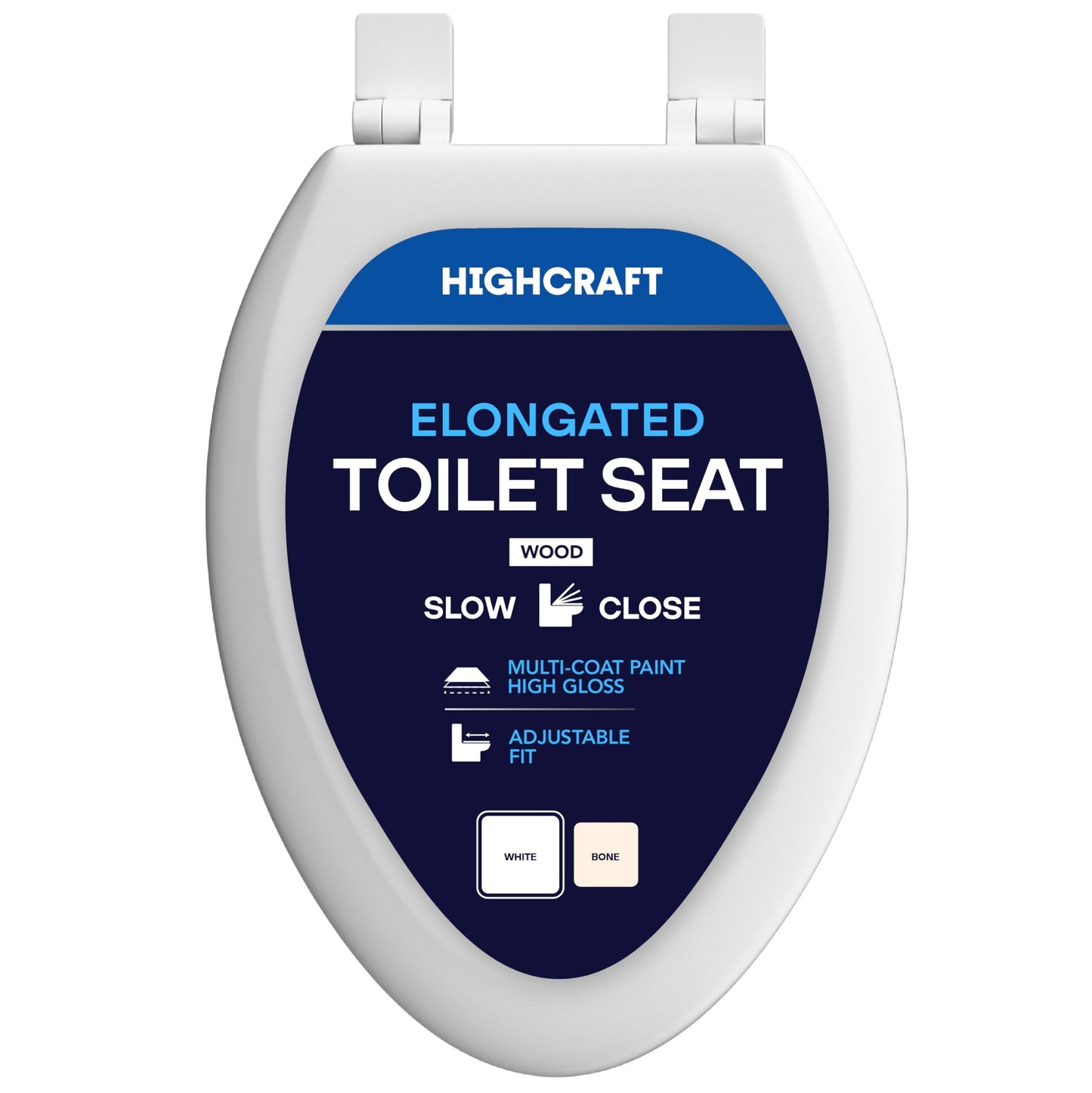 HIGHCRAFT Premium Elongated Toilet Seat with Slow-Close Design & Adjustable Hinges - Molded Wood Toilet Seat - Fits Standard Elongated Toilets - Oval Seat in White