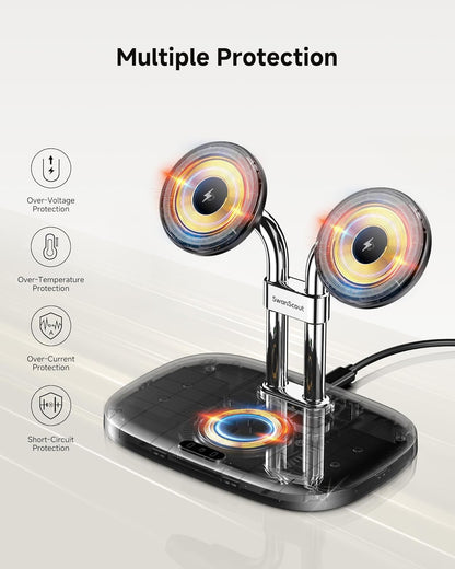 SwanScout Wireless Charger for iPhone Air/17, SwanScout 706M, Dual Magnetic Charger for iPhone 16/15/14/13/12 Series, Charging Station for AirPods Pro 3/2, AirPods 4/3rd (Black)