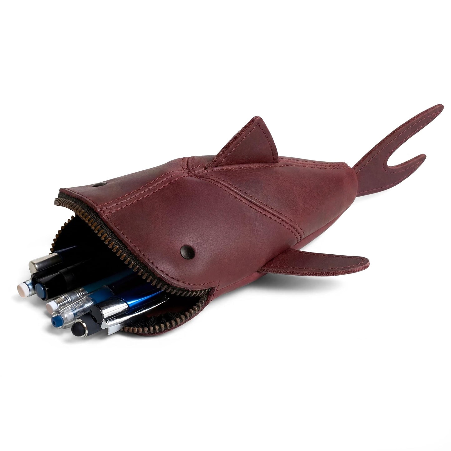 Hide & Drink, Full Grain Leather Zipper Coin Pouch, Change Bag, Pencil Purse, Scissors Case, Shark Shaped Cable Holder, Wallet, Makeup, Stuffed Animal, Handmade, Sangria