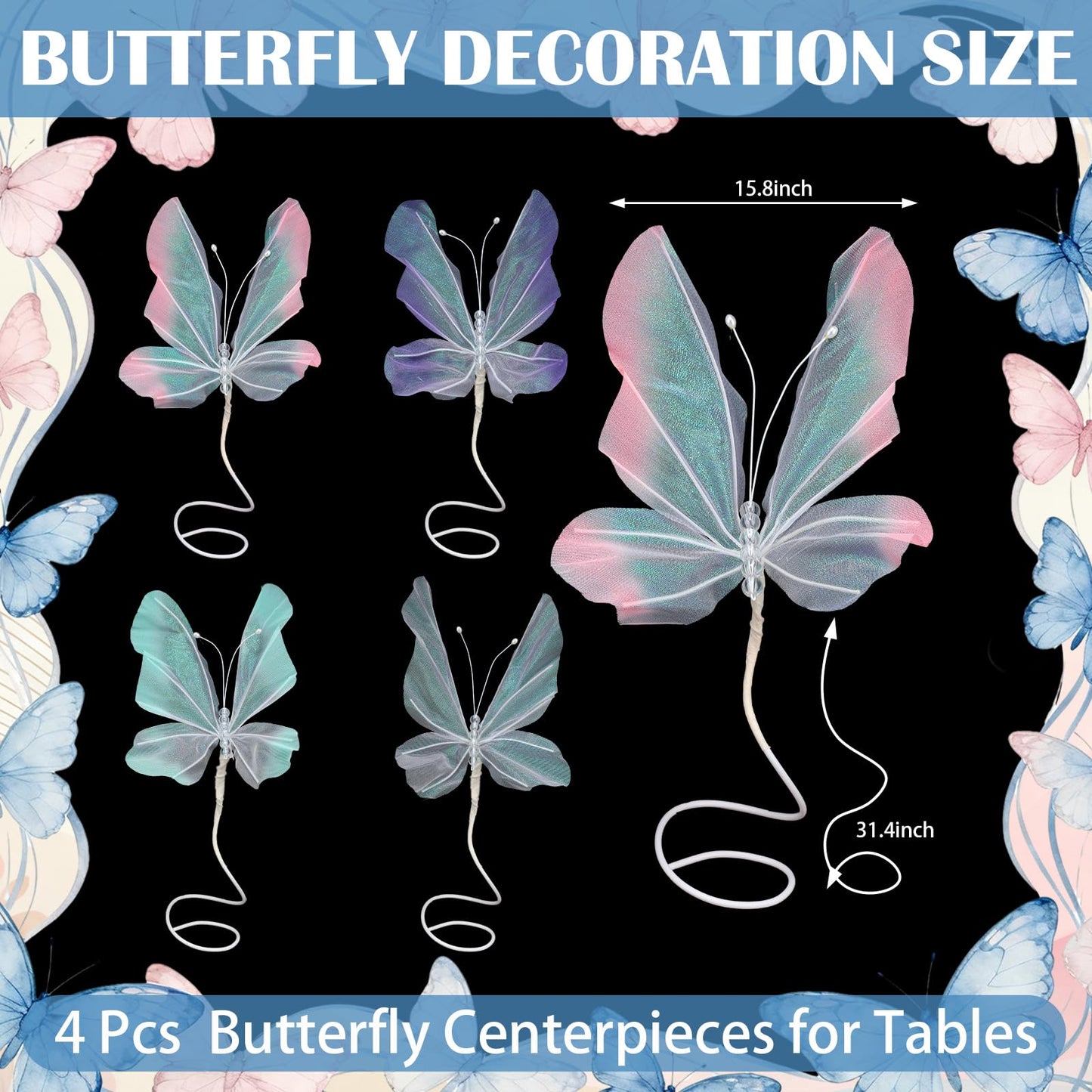 Roowest 4 Pcs Butterfly Centerpiece for Table Pastel Butterfly Decoration Large Gradient 3D Silk Flying Butterflies Pink Purple Green White Tabletop Decor for Birthday Wedding Baby Shower
